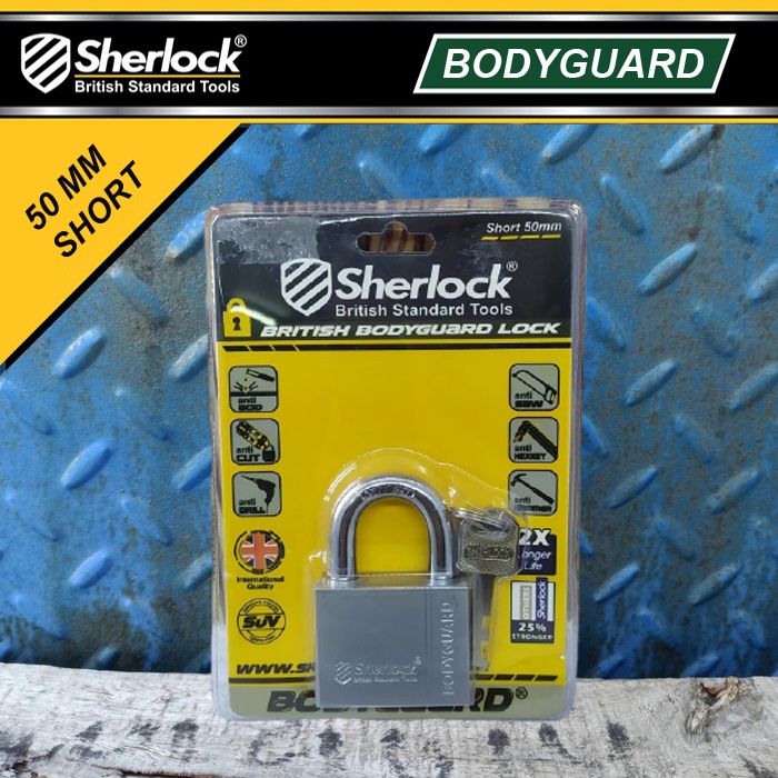 Gembok Bodyguard 50 mm Pendek Sherlock (Body Besi, Silinder &amp; Kunci Kuningan)