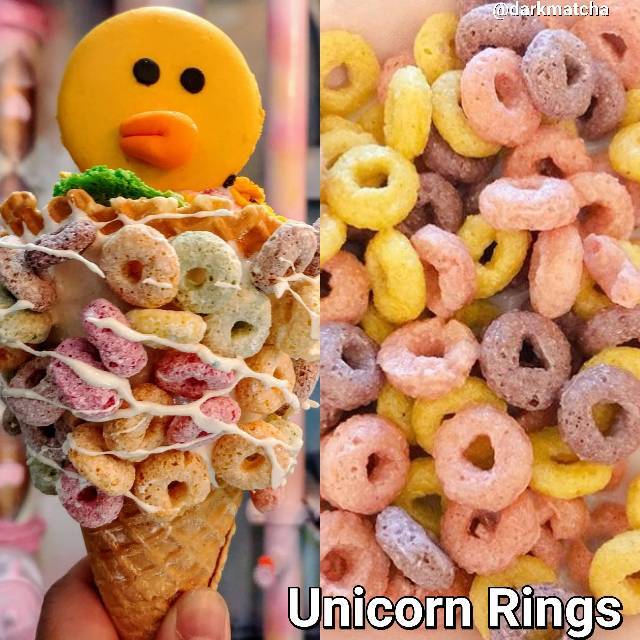 

unicorn rings topping snack kafe fruit loops sereal kue biskuit makanan ringan milkshake minuman