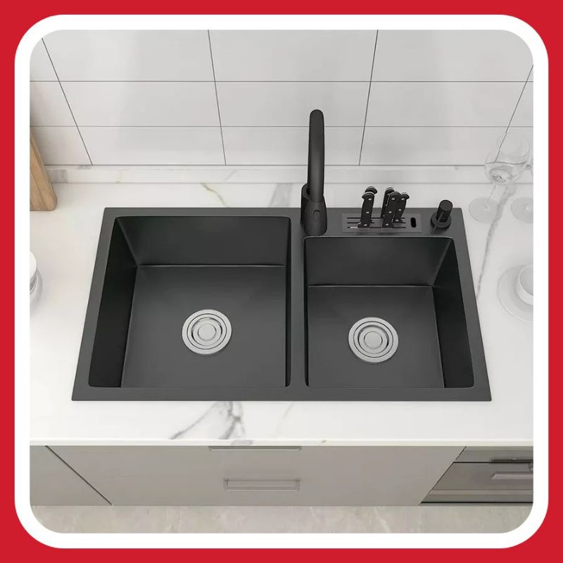 KITCHEN SINK DUA LUBANG ICHSAN 8245 BLACK HITAM SUS 304 PAKET LENGKAP ATAU BODY ONLY/BAK CUCI PIRING