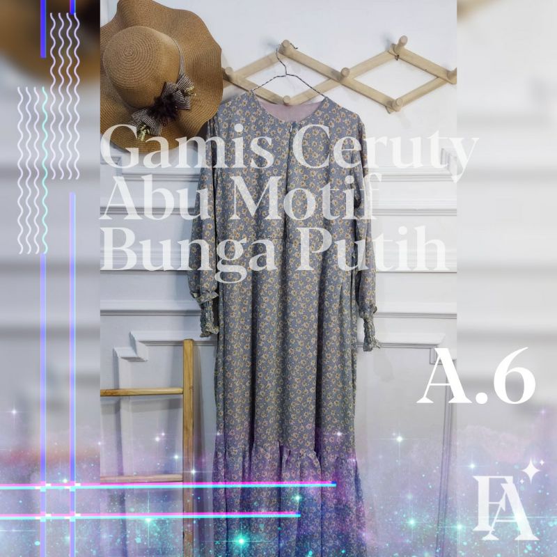 Gamis murah cantik Ceruty Abu Motif Bunga Putih Kecil