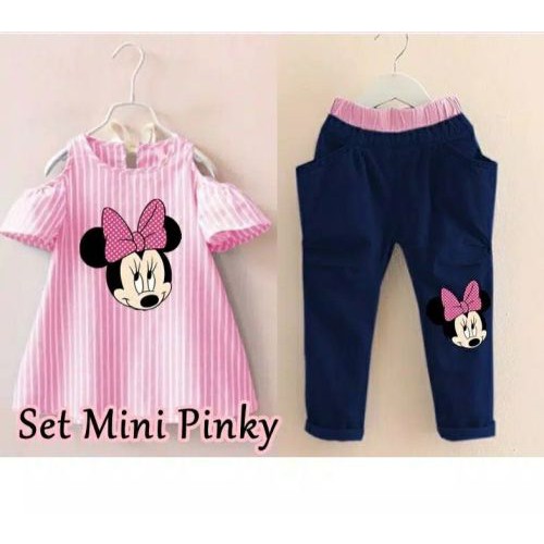 BAJU ANAK SETELAN  STRIPE MINNIE PINKY  1 2 3  4TAHUN