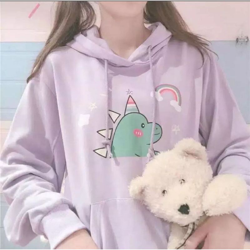 DINO WITH RAINBOW SWEATER HOODIE WANITA PRIA TERMURAH TERLARIS'