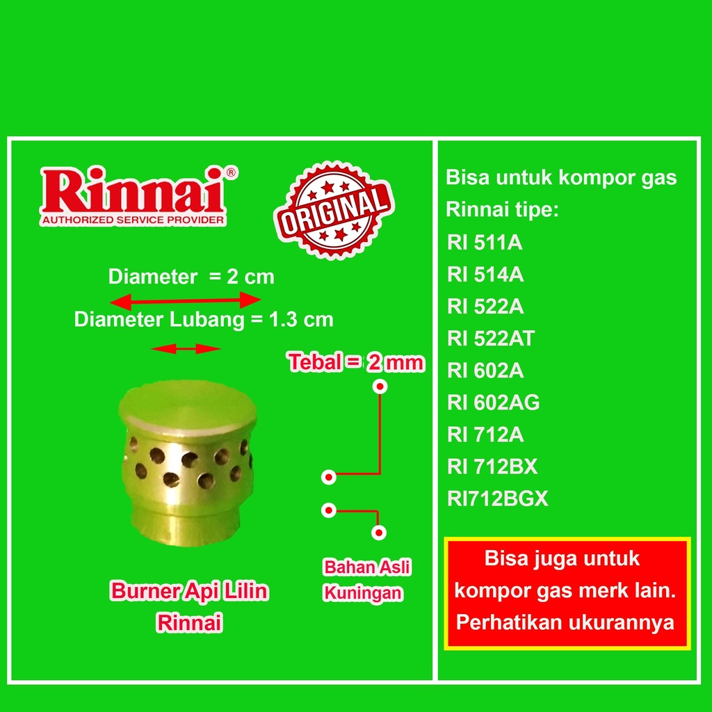 Burner Kompor Gas Rinnai Kecil Besar Tebal Tornado Turbo Api Lilin Original Burner Rinnai Kuningan Kepala Tungku Kompor Gas Rinnai RI 511E 512E 514E 522E 522ET 522C 522CE 602E 603E 511A 514A 522A 522AT 602A 602AG 712A 511T 712T 712TG 712BGX 602BGX 712BX