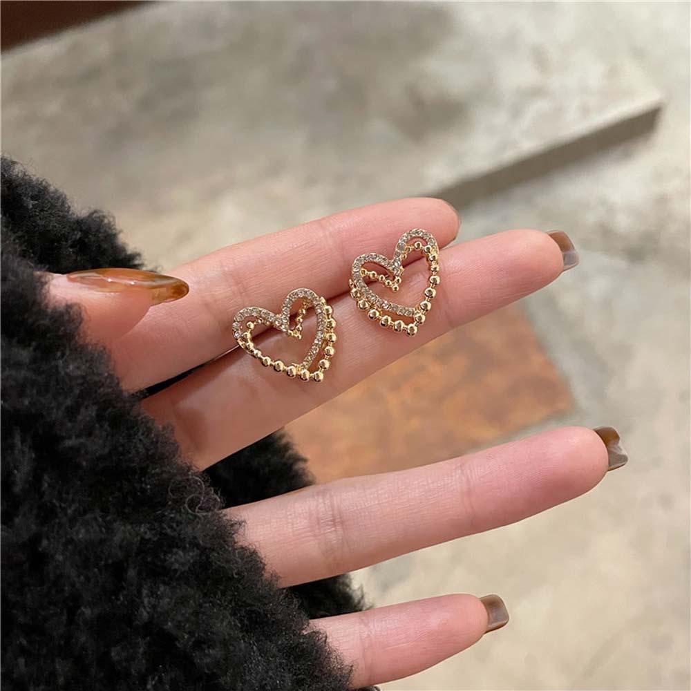 Anting Stud Desain Hati Ganda Bahan Alloy Aksen Berlian Warna-Warni Gaya Korea Untuk Wanita