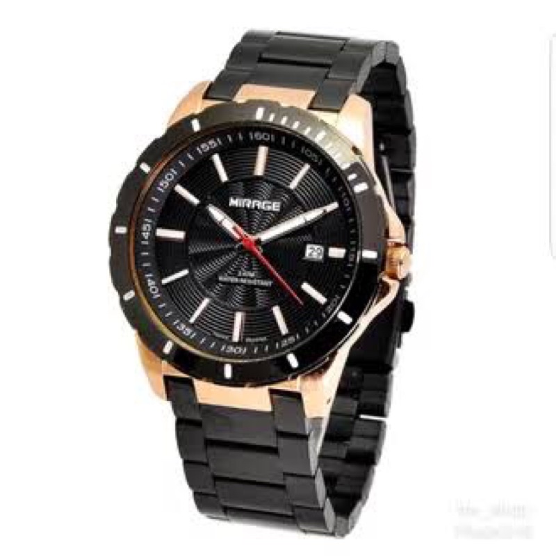 Jam Tangan Pria Mirage Original 8549M Black Rose Gold Plat Hitam, Silver, All black