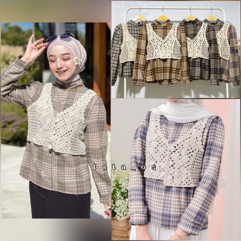 TATAOS BANGKOK WANDA BLOUSE ONE SET ROMPI RAJUT MOTIF MONOCROME KOTAK FLANEL IMPORT