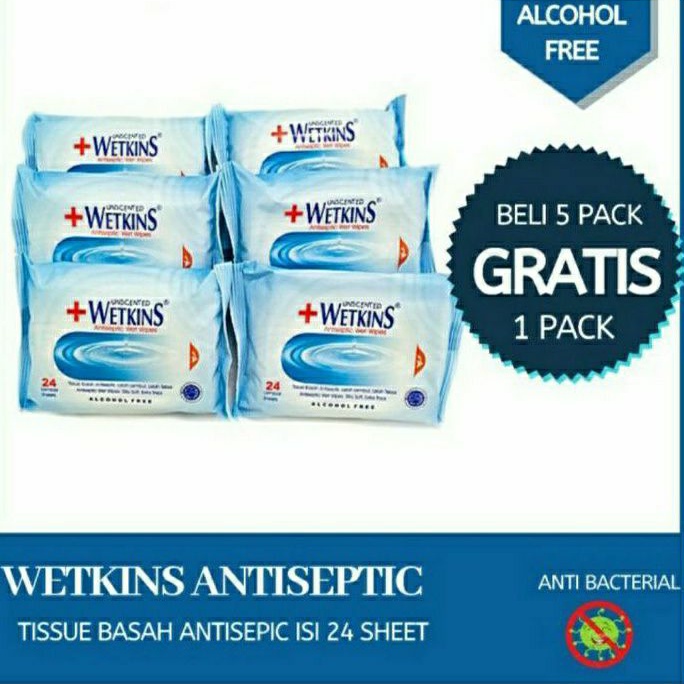 BELI 5 GRATIS 1 TISU BASAH WETKINS ANTISEPTIK 24s (6 PACK )