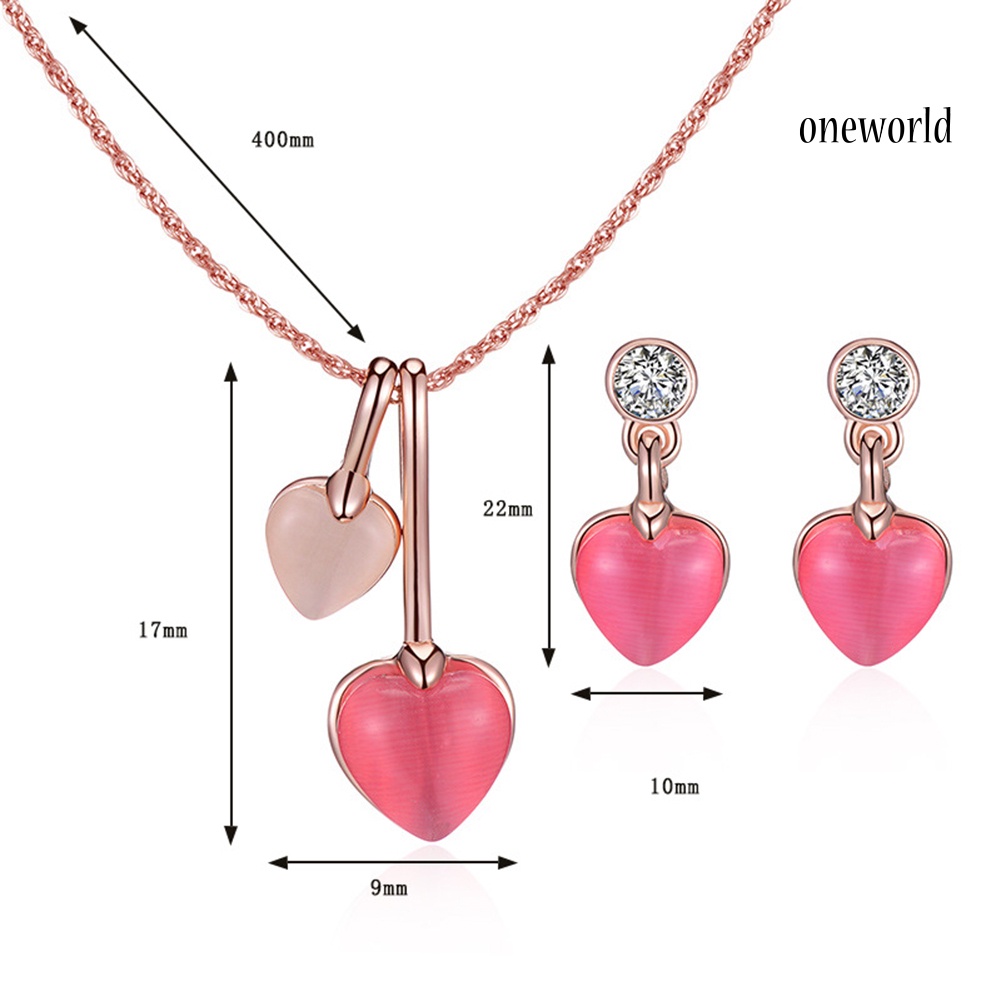 OW@ Romantic Rhinestone Faux Gem Love Heart Pendant Necklace Earrings Jewelry Set