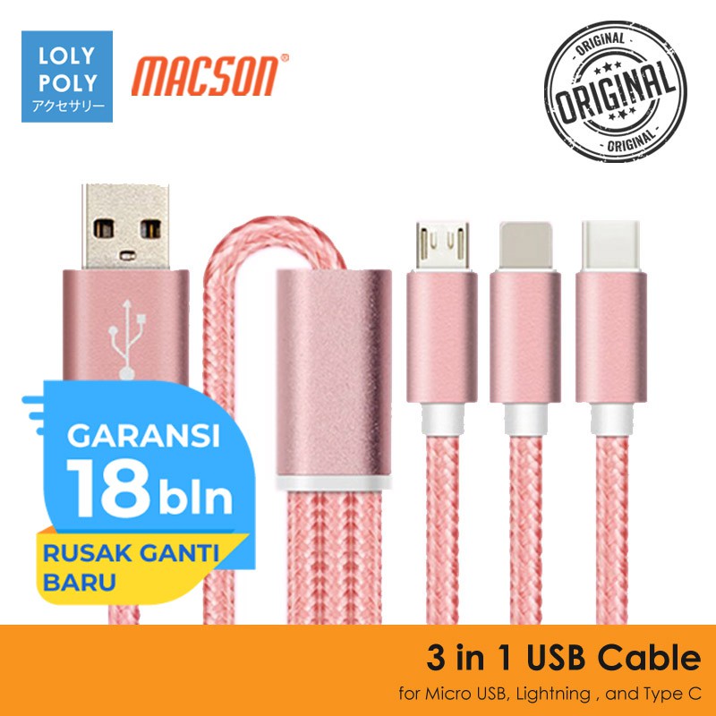 Jual Lolypoly Kabel Data USB 3 in 1 Lightning + Android + Type C Dalam