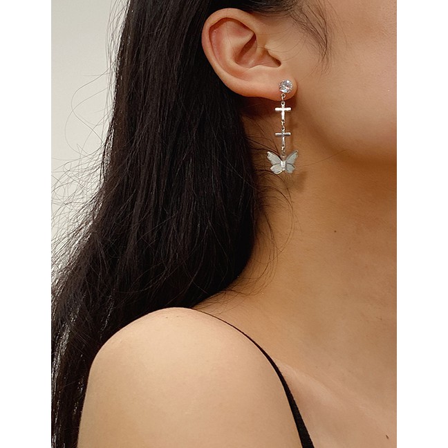LRC Anting Tusuk Fashion  Butterfly Glass Rhinestone Cross Alloy Earrings K97911