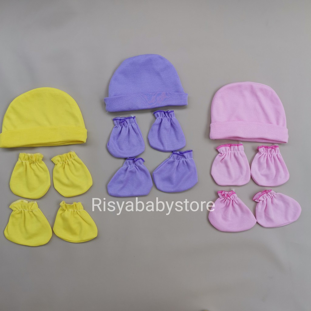 Topi set sarung tangan kaki bayi warna polos new born | Risyababy collection