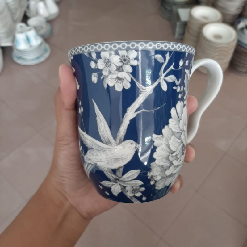 ADELAIDE MUG GELAS KERAMIK SANGO MOTIF VINTAGE KLASIK ANTIK BURUNG NAVY KOLEKSI DEKOR