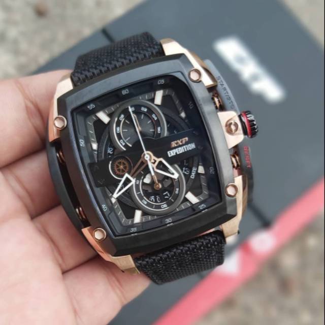 ORIGINAL GARANSI RESMI JAM TANGAN PRIA / COWOK ROSEGOLD BLACK KANVAS EXPEDITION EXP 3008 3008 HITAM