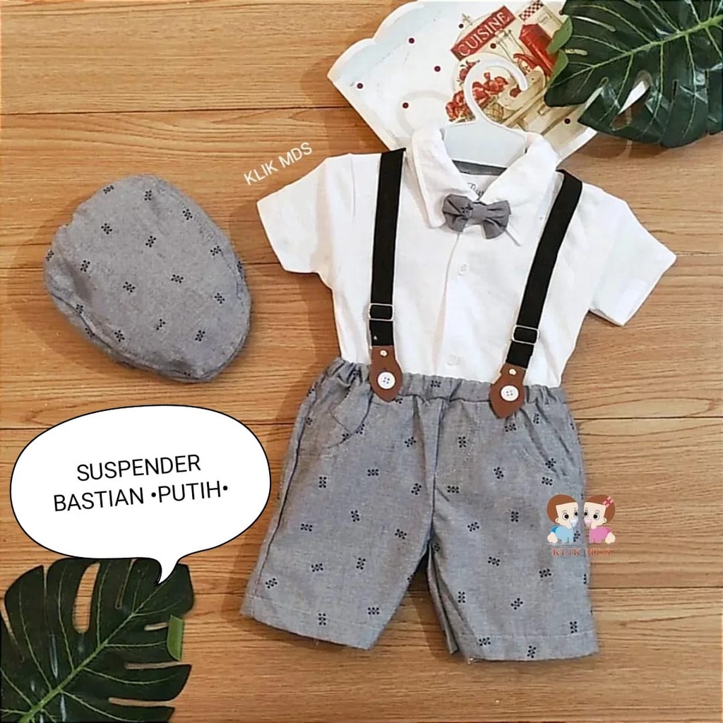 Setelan Jumper Anak Bayi Laki-laki Model Suspender Celana Denim Free Dasi Kupu Dan Topi / Hampers Kado Hadiah Motif Bastian Usia 3-12 Bulan