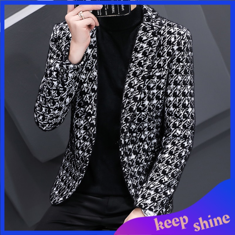 Blazer Casual Pria Slimfit Autumn Winter Velvet Thick Houndstooth Suit Jacket Korean Slim Wedding Bu
