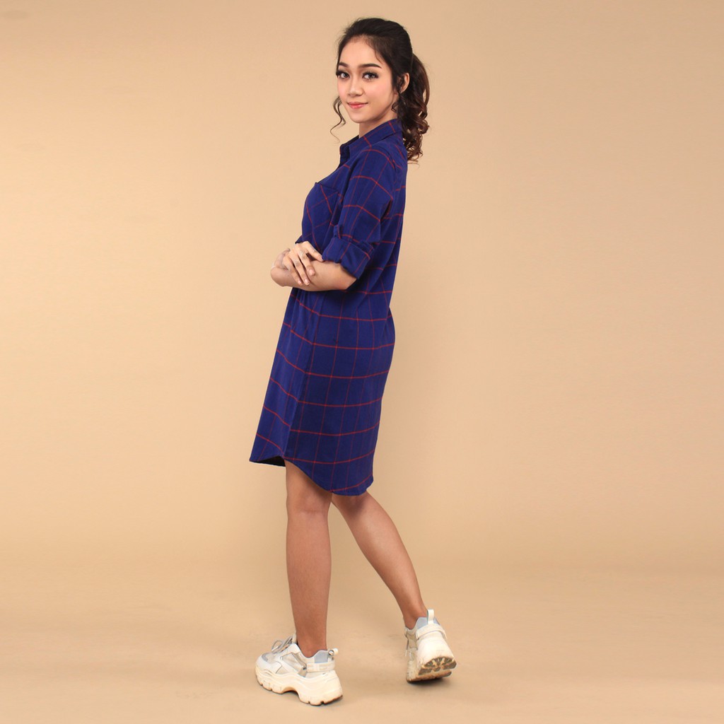 Benhill Kemeja Tunik Flannel Wanita Motif Kotak. Biru  Art.0584-11336