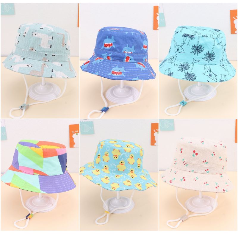 Topi bundar bayi bucket fisherman hat baby pelindung matahari tali serut