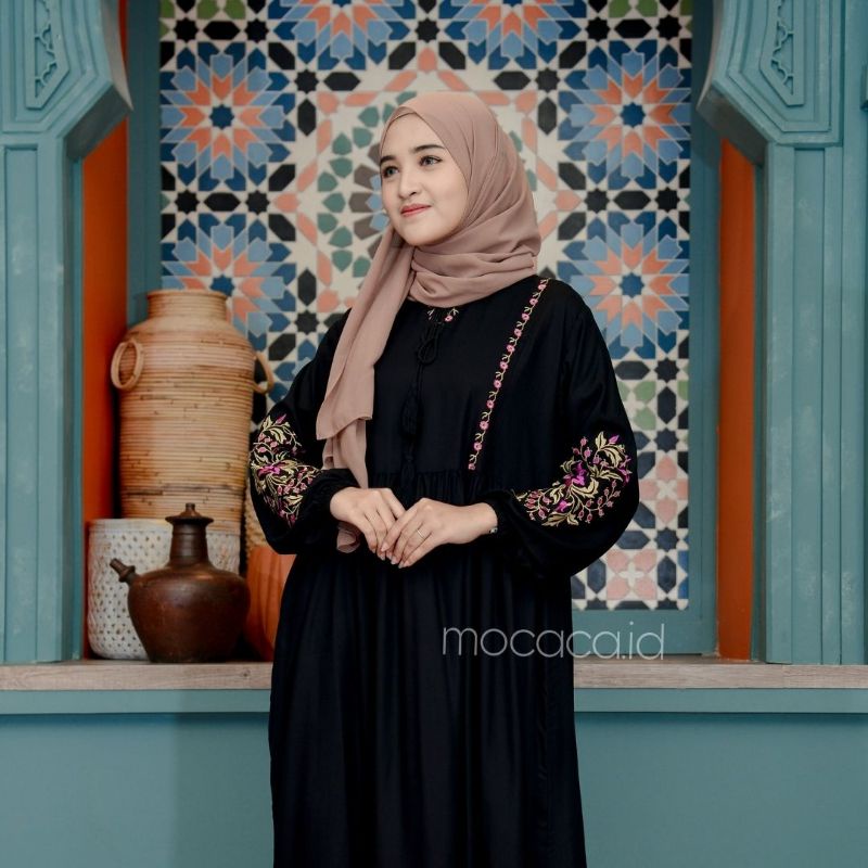 Dress Putih Bordir Premium Cantik Lengan Balon cocok untuk hari raya ramadhan lebaran model etnik dan klasik black hitam