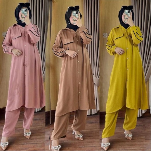 Set Baju Muslimah Atasan Long Tunik Kancing Full Terbaru 2022 Model Kekinian Trendy Setelan Celana P