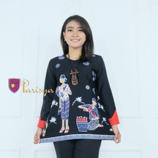 BATIK PARISYA - Mbok Jamu Hitam B00104, Atasan Batik Wanita Blus Batik Handprinting-1