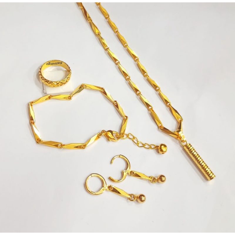 Set perhiasan bambu kuning elegan elok logam emas Hongkong anti karat 24k