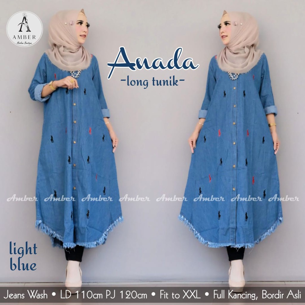 Long tunik midi dress ANADA bahan jeans wash premium polos busui full kancing