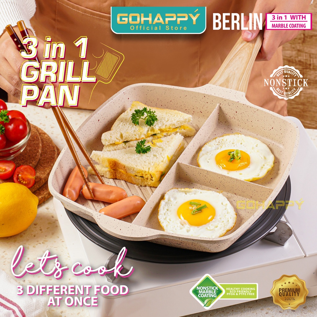 Everlux Gohappy Grill Pan Panci Fry Pan 3 in 1 GHB03 MARBLE BERLIN Alat Panggang marble 3 sekat devide