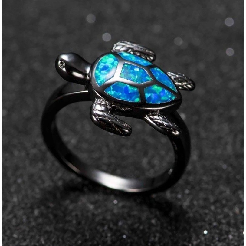 SEUSUK  Blue Tortoise Fire Opal Ring for Women Black Animal Design Finger Jewelry COD