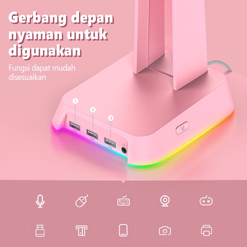 Onikuma ST-2  RGB Gaming Headphone Stand Komputer Headset Desktop Tampilan Pemegang Logo Bercahaya dengan 3 USB dan 3.5 Mm AUX Port