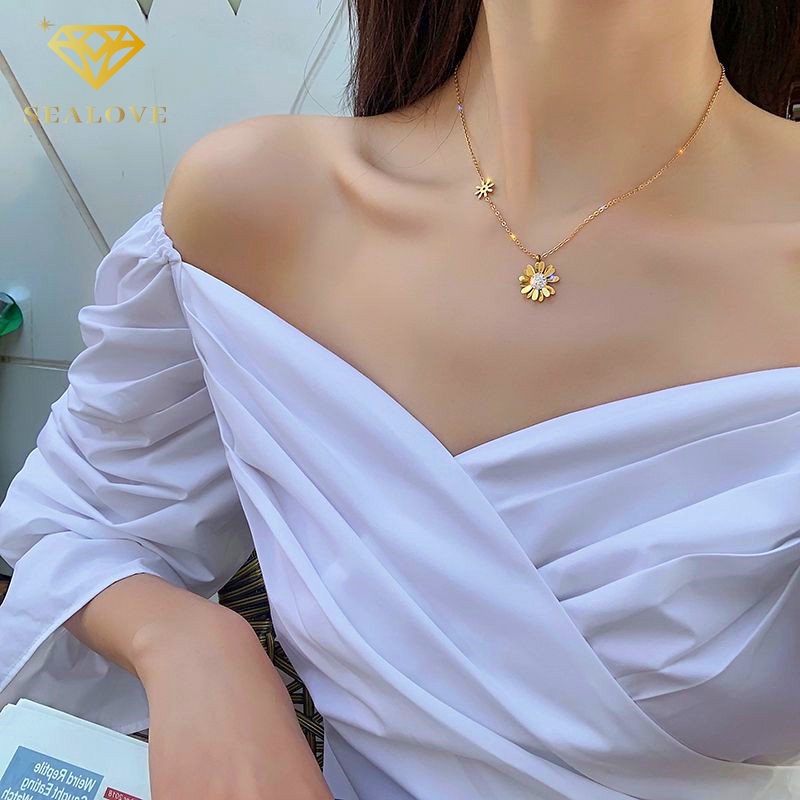 SEALOVE Kalung Anting Set Daisy Wanita kalung titanium anti karat dan luntur 18k Emas Perhiasan Premium Korea