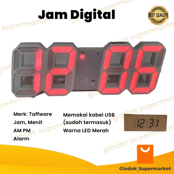 Jam Digital LED Merah Alarm Meja Dinding Clock Taffware