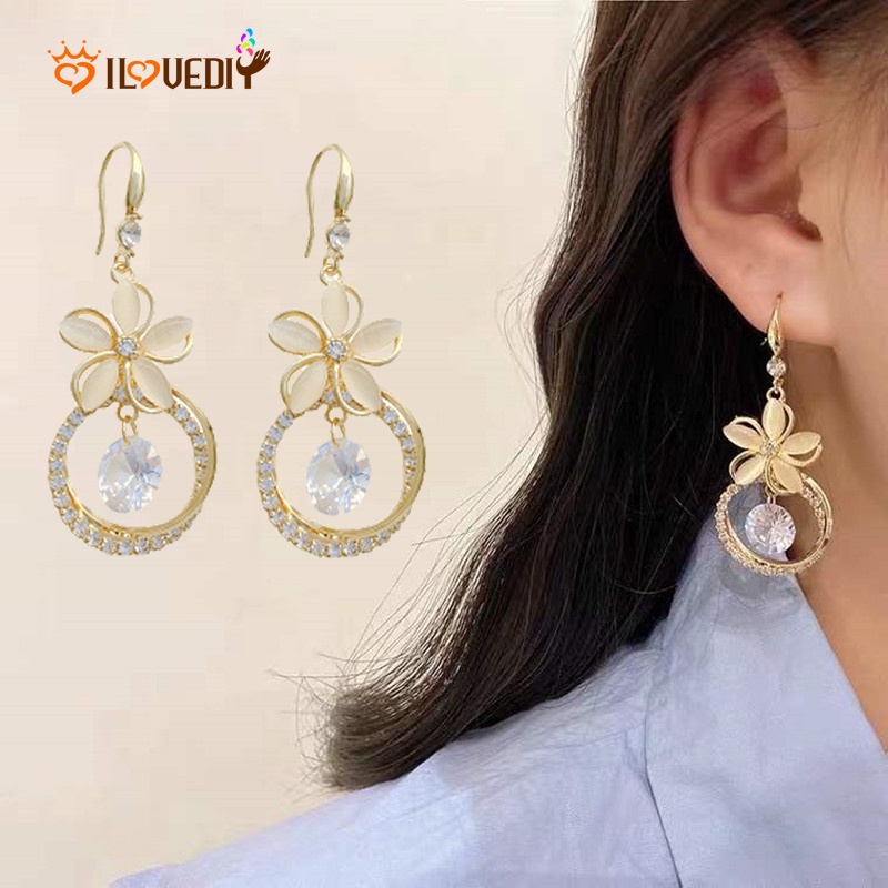 Anting Gantung Panjang Tusuk Gaya Vintage Korea Motif Bunga Aksen Opal + Berlian Imitasi Untuk Wanita