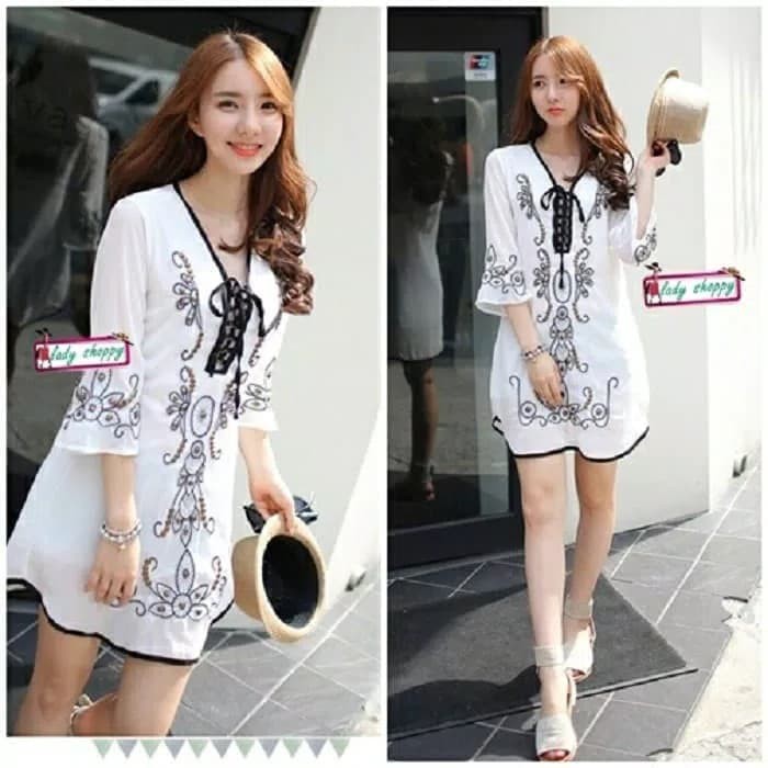 dress pendek / mini dress white batik etnik bohemian style vintage