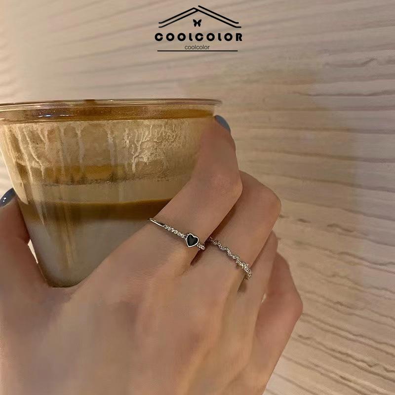 COD❤️2 Pcs/Set Cincin Zirkon Hitam Wanita Anti Karat dan Anti Luntur Hati Cinta Korea Gaya Aksesoris Fashion Murah Impor-cl