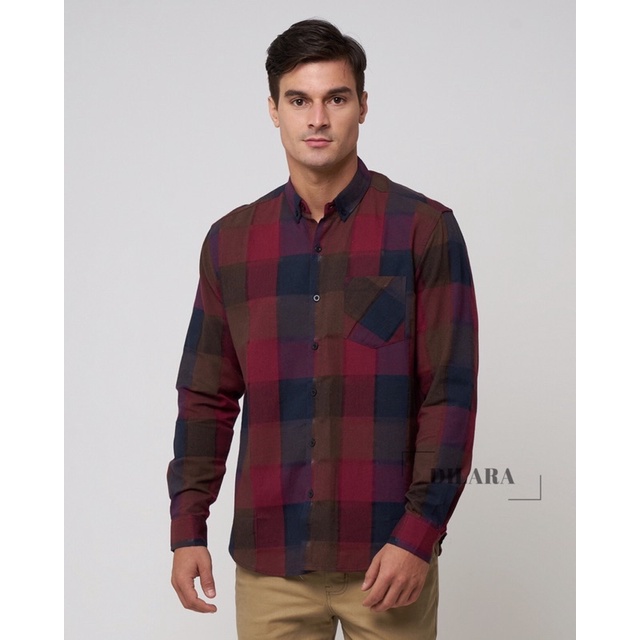 COD Kemeja Slim Pria Kotak-Kotak Merah Coklat