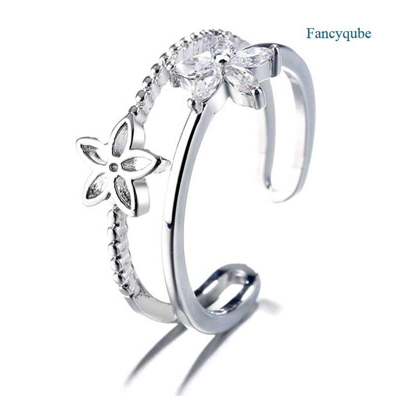 Fancyqube Cincin Sterling Silver 925 Model Terbuka Adjustable Desain Bunga Hollow Hias Kristal Zircon Untuk Wanita