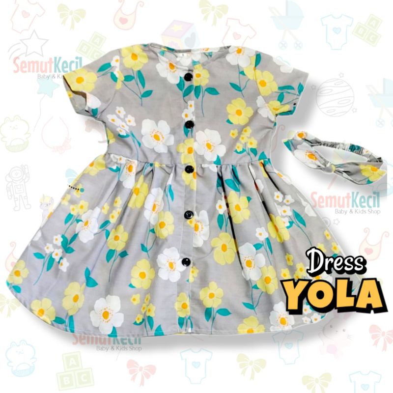 YOLA 1-4 THN DRESS ANAK BAYI PEREMPUAN KANCING DEPAN KATUN CATRA FREE BANDANA Baju Anak Bayi Perempuan Cewek Dres Baby Girl-E GrayFloYellowWht