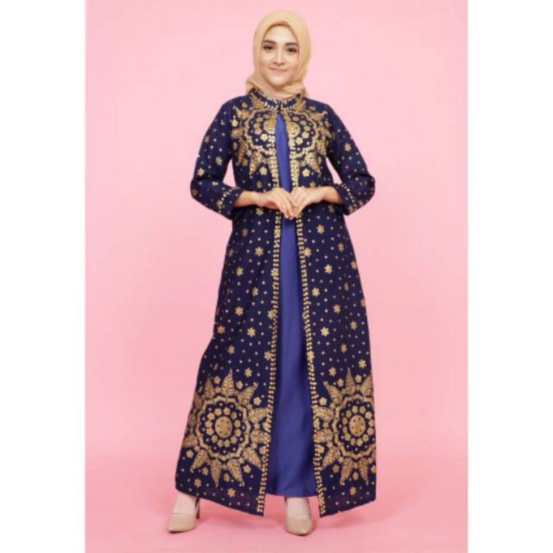 couple batik songket Palembang model gamis full biru navy-baju kondangan modern