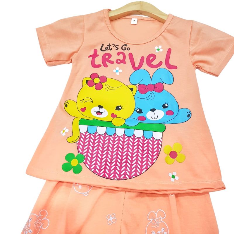 SETELAN SIKUNING PAKAIAN BAJU ANAK PEREMPUAN 2-7 TAHUN MOTIF LEST GO TRAVEL LENGAN PENDEK CELANA PANJANG