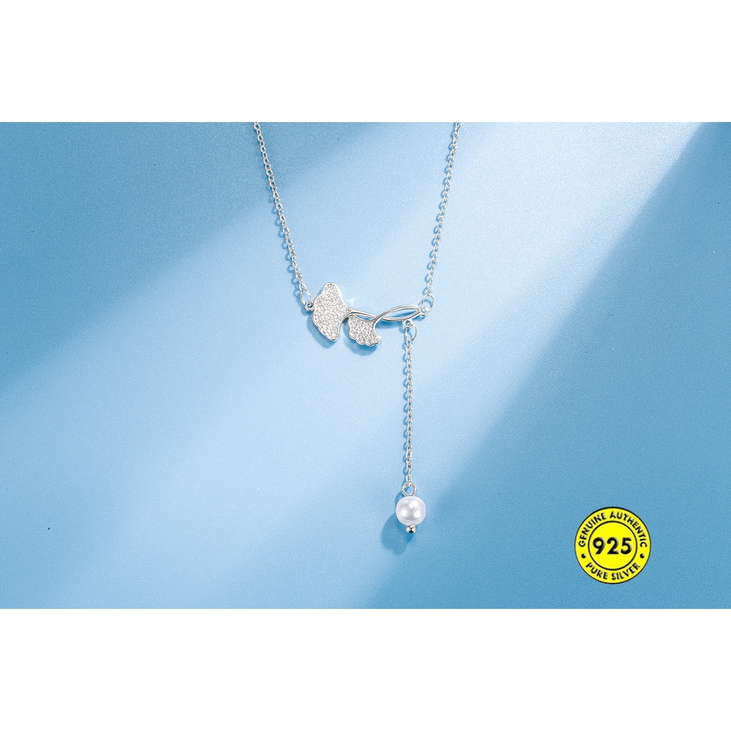 Kalung Rantai Emas 18K Dengan Liontin Daun Ginkgo + Mutiara Untuk Wanita