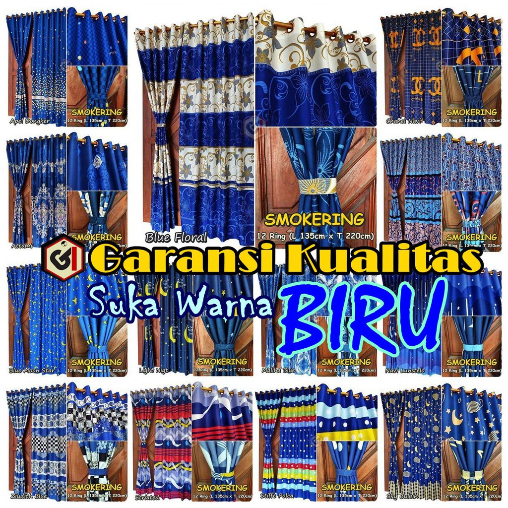 Gorden Warna Biru Minimalis Model Smokring 12 Ring untuk Korden Pintu atau Hordeng Jendela Panjang