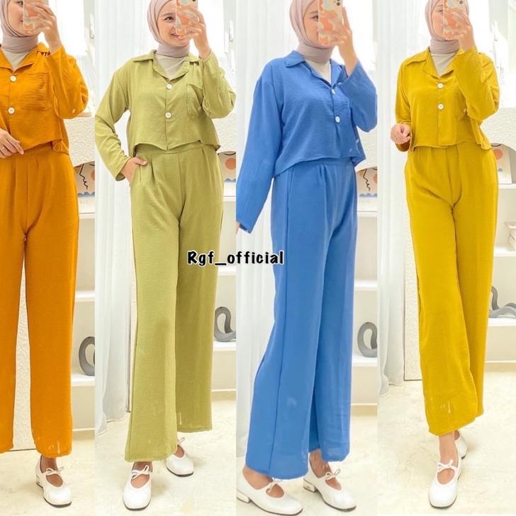 Murah ONE SET CROP TOP BLEZER || KEMEJA CROP CRINGKLE || SET WANITA