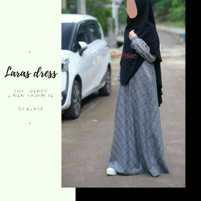 Gamis busui soft denim polos kombinasi motif kotak linen kashmire Laras dress by Shafeeya