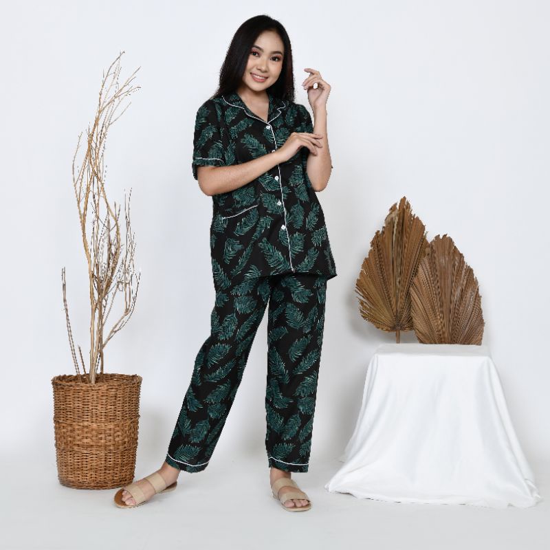 Baju Tidur Piyama Wanita Dewasa Motif Coco Daun CP Lengan Pendek Celana Panjang Kekinian