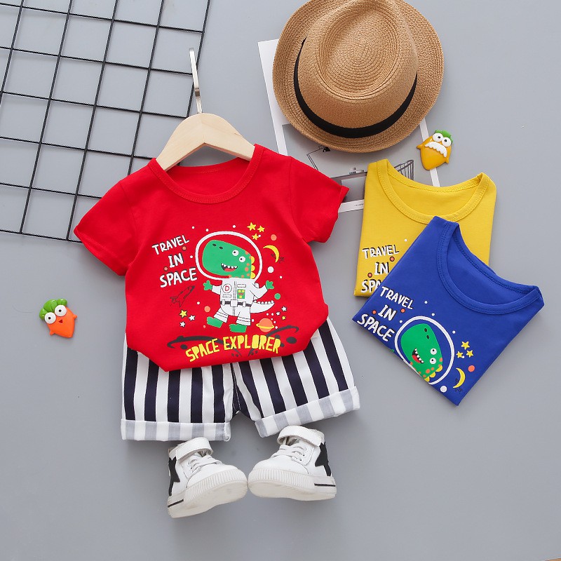DinoDino SETELAN BAJU ANAK LAKI-LAKI IMPORT PLANET SPACE EXPLORER KAOS CELANA PENDEK SALUR UMUR 0 6 
