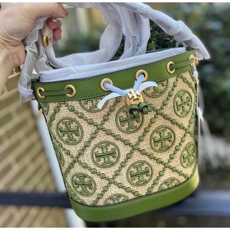 TB T Monogram Straw Bucket Bag