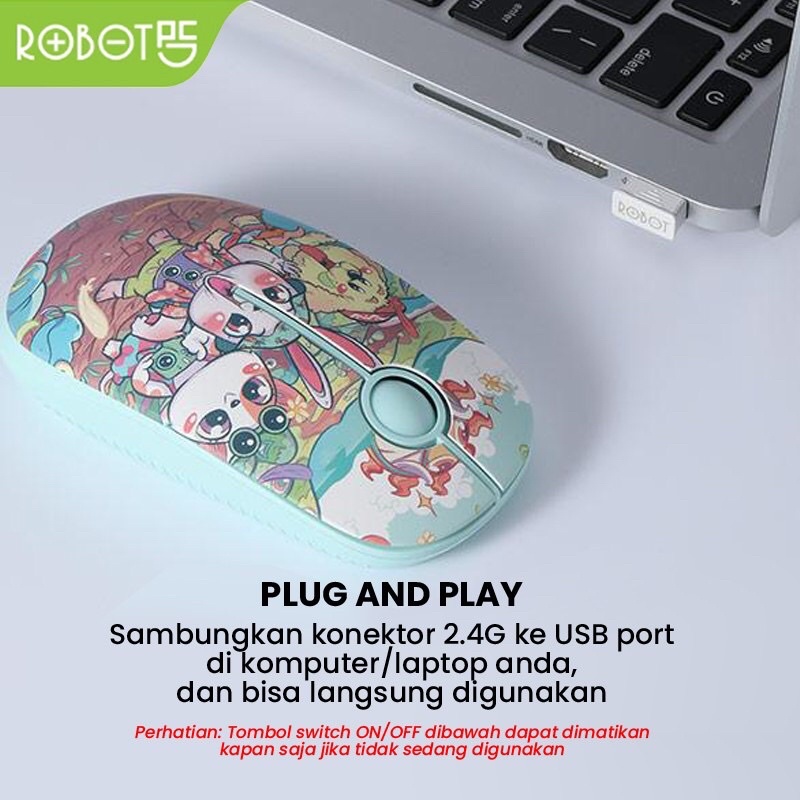 Mouse Wireless ROBOT M330 Stylish 2.4GHz Silent Optical 1600DPI Receiver USB untuk PC Laptop-Garansi