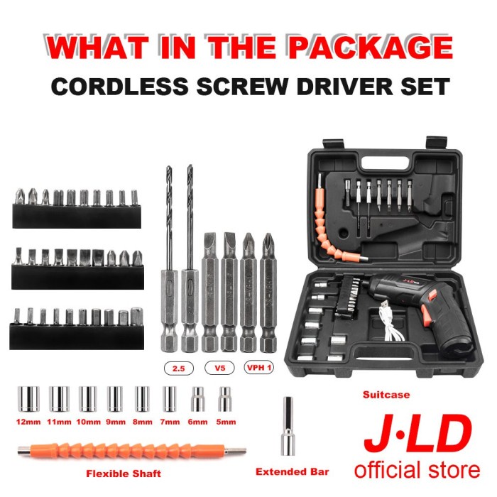 Mesin Bor obeng screwdriver JLD 4.2V set bor cordless. obeng scrub