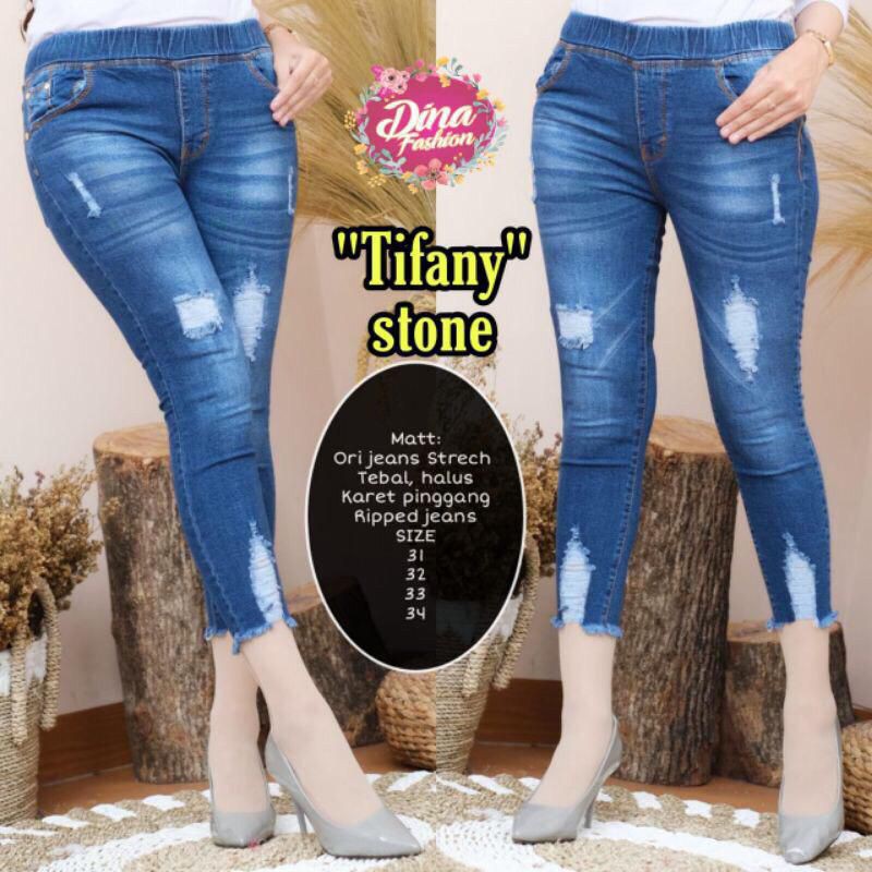 Tifany jeans 7/9 pinggang karet . Jeans wanita sobek [PPY]