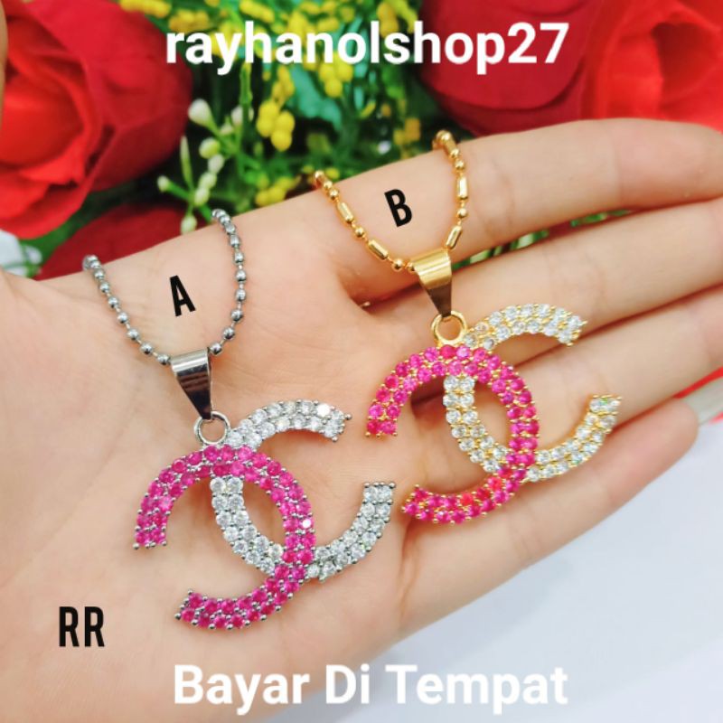 NEW!!!!TERBARU KALUNG WANITA DEWASA TITANIUM LIONTIN MOTIF CHENELL DOUBLE PERMATA LAPIS EMAS 22 K